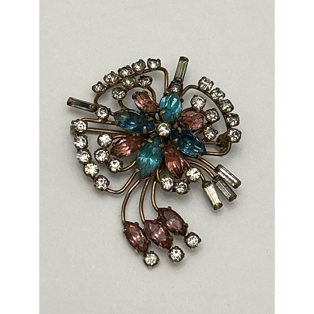 Quill 12K Gold-Filled Pink and Blue Floral Rhinestone Brooch Pin Vintage